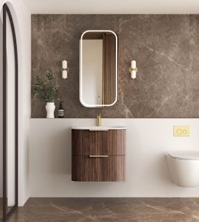 Havana 600mm Sable Walnut Fluted Wall Hung Curve Vanity with Chloe Silk Top