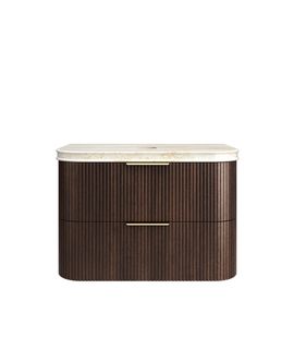 Havana 900mm Sable Walnut Fluted Wall Hung Curve Vanity with Sand Dune Top