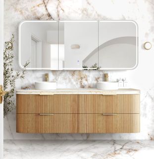 Havana 1800mm Woodland Oak Fluted Wall Hung Curve Vanity with Sand Dune Top