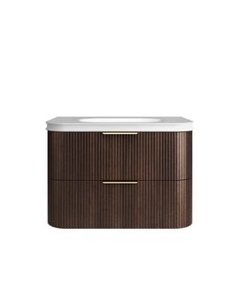 Havana 900mm Sable Walnut Fluted Wall Hung Curve Vanity with Square Basin Moulded Top