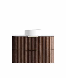 Havana 900mm Sable Walnut Fluted Wall Hung Curve Vanity with Pure White Top