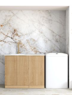 Havana Fluted Woodland Oak Base Laundry Cabinet with 1060mm Natural Carrara Marble Top