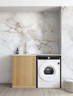 Havana Fluted Woodland Oak Base Laundry Cabinet with 1300mm Natural Carrara Marble Top