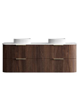 Havana 1500mm Sable Walnut Fluted Wall Hung Curve Vanity with Cloudy Carrara Top