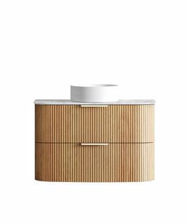 Havana 900mm Woodland Oak Fluted Wall Hung Curve Vanity with Cloudy Carrara Top