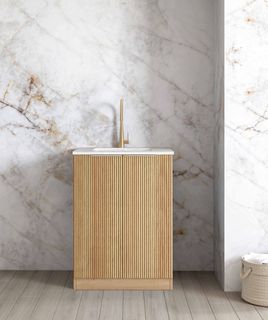 Mini Laundry 650mm Havana Fluted Woodland Oak with Natural Carrara Marble Top with 12 O'clock Tap Hole cut out