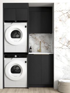 Laundry Kit 1305C Byron/Bondi Black Oak with Natural Carrara Marble Top with 12 O'clock Tap Hole cut out