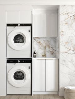 Laundry Kit 1305C Noosa Fluted White with Natural Carrara Marble Top with 12 O'clock Tap Hole cut out