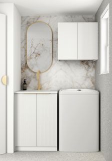 Wall and Base Cabinets Kit 650 Bondi Fluted White with Natural Carrara Marble Top with 12 O'clock Tap Hole cut out
