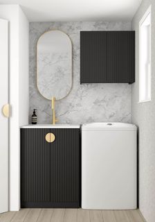 Wall and Base Cabinets Kit 650 Marlo Fluted Black with Natural Carrara Marble Top with 12 O'clock Tap Hole cut out