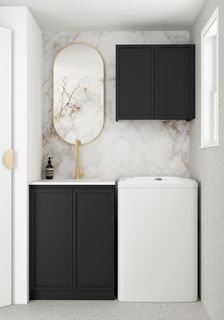 Wall and Base Cabinets Kit 650 Hampshire Black with Natural Carrara Marble Top with 12 O'clock Tap Hole cut out