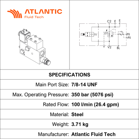 MB000352, O/CENTRE VALVE, UNO 7/8", 100 LPM, 350 BAR, INLINE