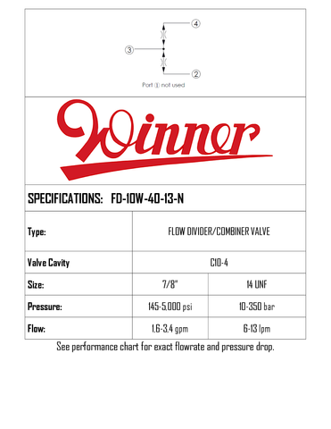 FLOW DIVIDER/COMBINER, RATIO 50:50, CAVITY 10W-4, OPERATING PRESSURE 240 BAR (3500 PSI), FLOW CAPACITY 40.0 L/MIN (10.6 GPM), BRAND: WINNER