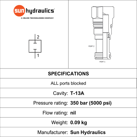 T-13A CAVITY PLUG, 2-WAY, PORTS 1 AND 2 BLOCKED