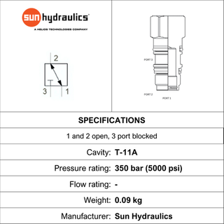 T-11A CAVITY PLUG, 3-WAY, PORT 1 AND 2 OPEN, PORT 3 BLOCKED