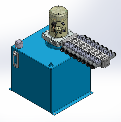 24v DC 7L/min 10-200bar 36.0L SQUARE tank / vertical mount / 8 x valve