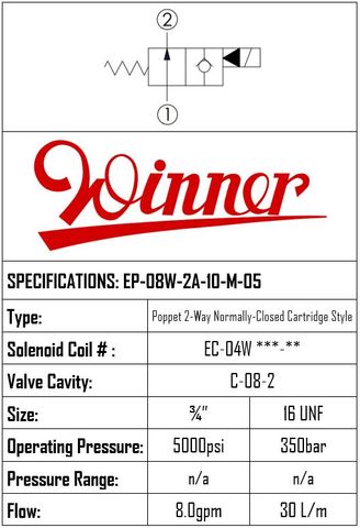 SOLENOID POPPET 2-WAY, 2-POSITION, N/O, C08-2, 40LPM, 350BAR, FLOW 1 TO 2