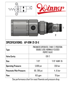 PNEUM OPERATED DOUBLE POPPET 2-WAY, 2-POSITION, N/C, C10-2, 70LPM, 350BAR, REV FLOW