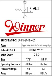 SOLENOID POPPET 2-WAY, 2-POSITION, N/C, C10-2, 70LPM, 350BAR, REV FLOW