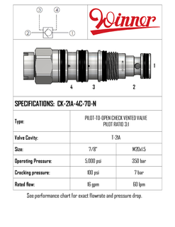 CHECK VALVE, PILOT TO OPEN, VENTED, T-21A, PILOT RATIO 3:1, SPRING 7.0BAR, 60LPM 350 BAR