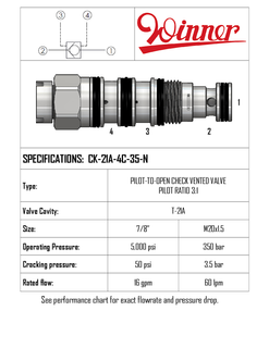 CHECK VALVE, PILOT TO OPEN, VENTED, T-21A, PILOT RATIO 3:1, SPRING 3.5BAR, 60LPM 350 BAR