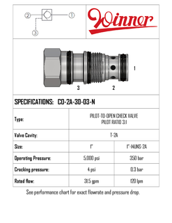 CHECK VALVE, PILOT TO OPEN, T-2A, PILOT RATIO 3:1, SPRING 0.3BAR, 120LPM, 350 BAR