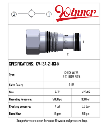 CHECK VALVE 2 TO 1 FREE FLOW, T-13A, SPRING 0.3BAR, 60LPM, 350BAR