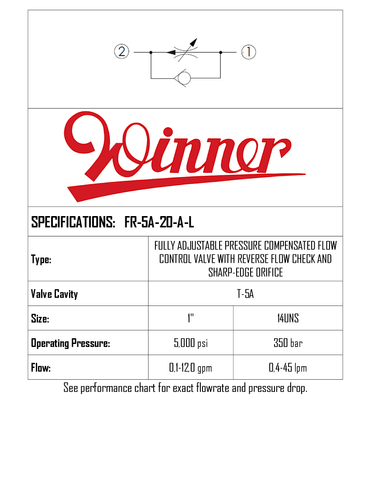 FR5A20AL, FLOW CONTROL VALVE PRESSURE COMP, REV FLOW CHECK, T-5A, FLOW SETING 0.4-45 LPM, 350 BAR