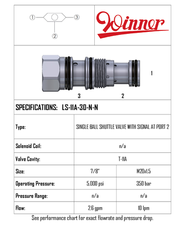 SINGLE BALL SHUTTLE VALVE, T11-A, INT. SIGNAL PORT, 10 LPM, 350 BAR