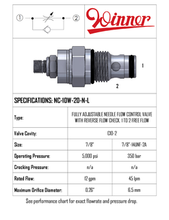 NC10W20NL  FLOW CONTROL NEEDLE REV. CHECK, C10-2, 0-45LPM, 350 BAR, 1 TO 2 FREE FLOW