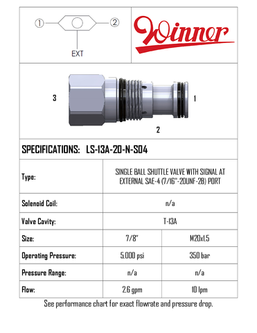 SINGLE BALL SHUTTLE VALVE, T11-A, EXT. SIGNAL PORT 7/16"-20UNF-2B, 10 LPM, 350 BAR