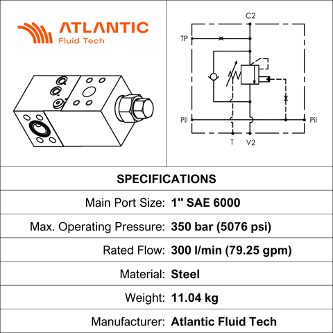 MB000161, O/CENTRE VALVE, SAE 6000 1", 300 LPM, 350 BAR, 90 DEG