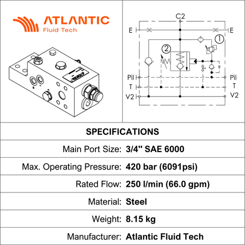 ML000091, O/CENTRE VALVE, SAE 3000/6000 3/4", 250 LPM, 420 BAR, 90DEG