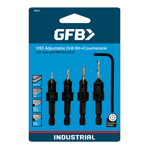 GFB Countersink 4Pce Set W/ Adj. HSS Drill Bit 1/4" Hex Drive