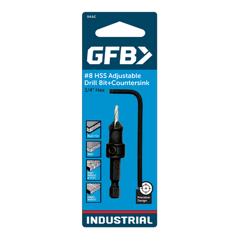 GFB Countersink W/ Adjustable HSS Drill Bit No. 8 x 1/4" Hex Drive