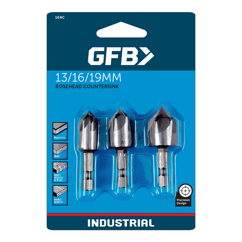 GFB Rosehead Countersink 3Pce Set - 13, 16 & 19 x 45mm