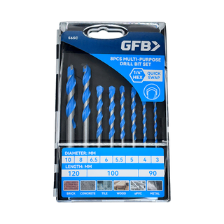 GFB 8Pce Multi-Purpose Drill Set - 1/4" Quick Change Shank