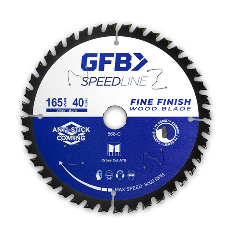 GFB 165mm x 40T Fine Finish Circular Saw Blade, 20mm Bore & Bushing