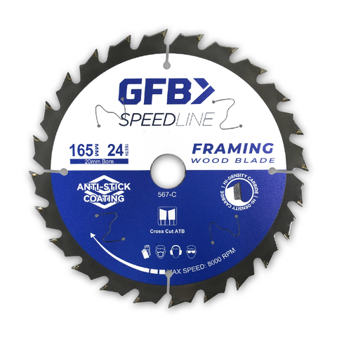GFB 165mm x 24T Framing Circular Saw Blade, 20mm Bore & Bushing