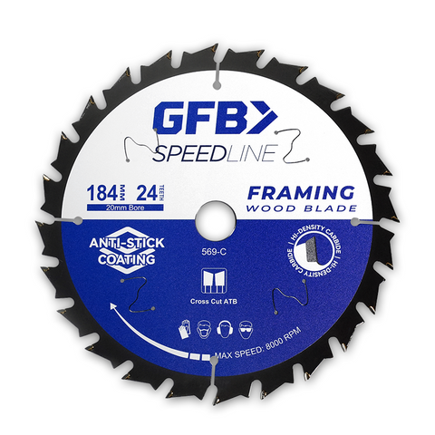 GFB 184mm x 24T Framing Circular Saw Blade, 20mm Bore & Bushing