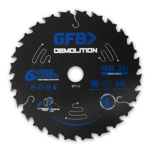 GFB 165mm x 24T Demolition Circular Saw Blade, 20mm Bore & Bushings