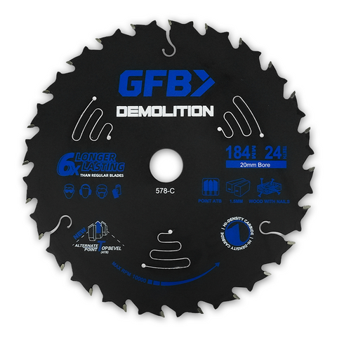 GFB 184mm x 24T Demolition Circular Saw Blade, 20mm Bore & Bushings