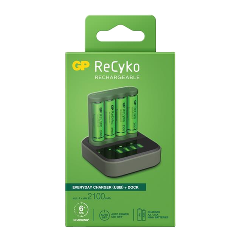 GP Recyko 4 bay USB Charger - Inc. charging dock and 4 x NiMH AA Batteries