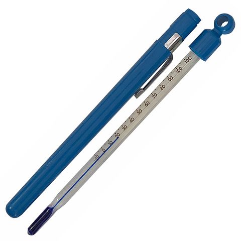 Thermometer R/S -10/110c x 1c 150mm Supplied with Blue Plastic Case with Pocket Clip - Red Spirit - White Back - Total Immersion