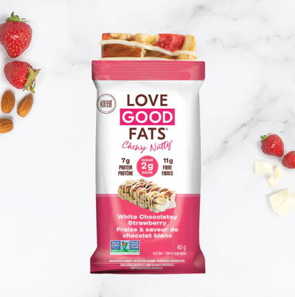 Love Good Fats chewy nutty white chocolate strawberry keto bar.