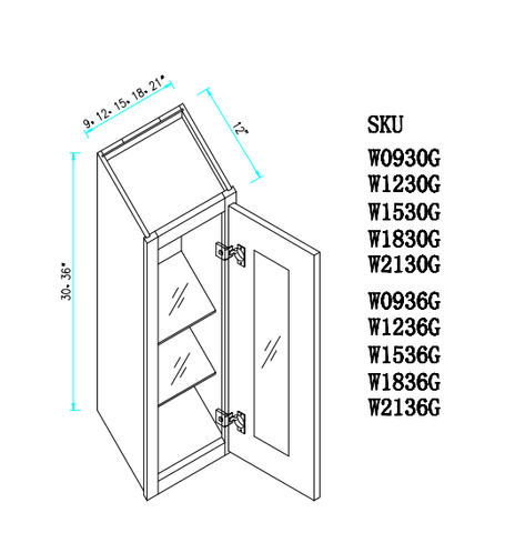 Wall Cabinet with Glass Door 18"WX12"DX36"H