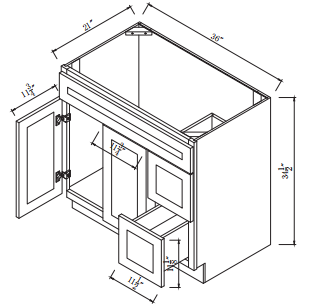 36"W Vanity Sink Base Cabinet with 12"W 2 Right Side Drawers