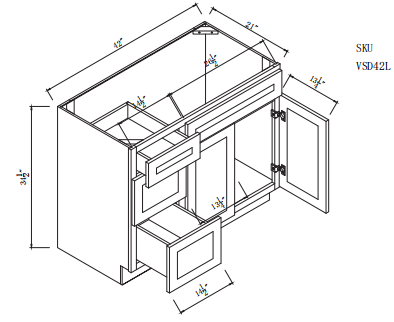 Vanity Sink Base Cabinet with Left Side Drawers 42"W