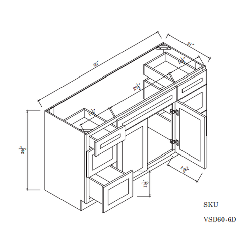 Vanity 1 Sink Base Cabinet with 6 Drawers