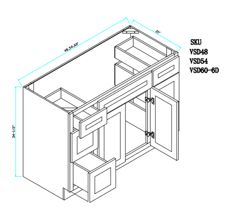 Unfinished Vanity Sink Base Cabinet with Drawers 48"WX21"DX34.5"H